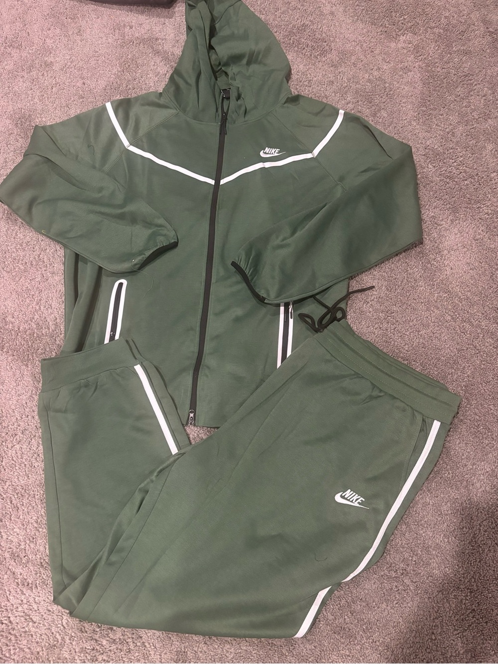 Nike Olive Green Hooded Tracksuit with White Trim
